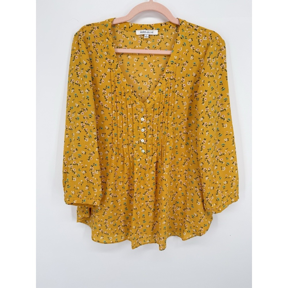 Rose & Olive Yellow Floral Henley Blouse Women Long Sleeve Pintuck Pleated Top L